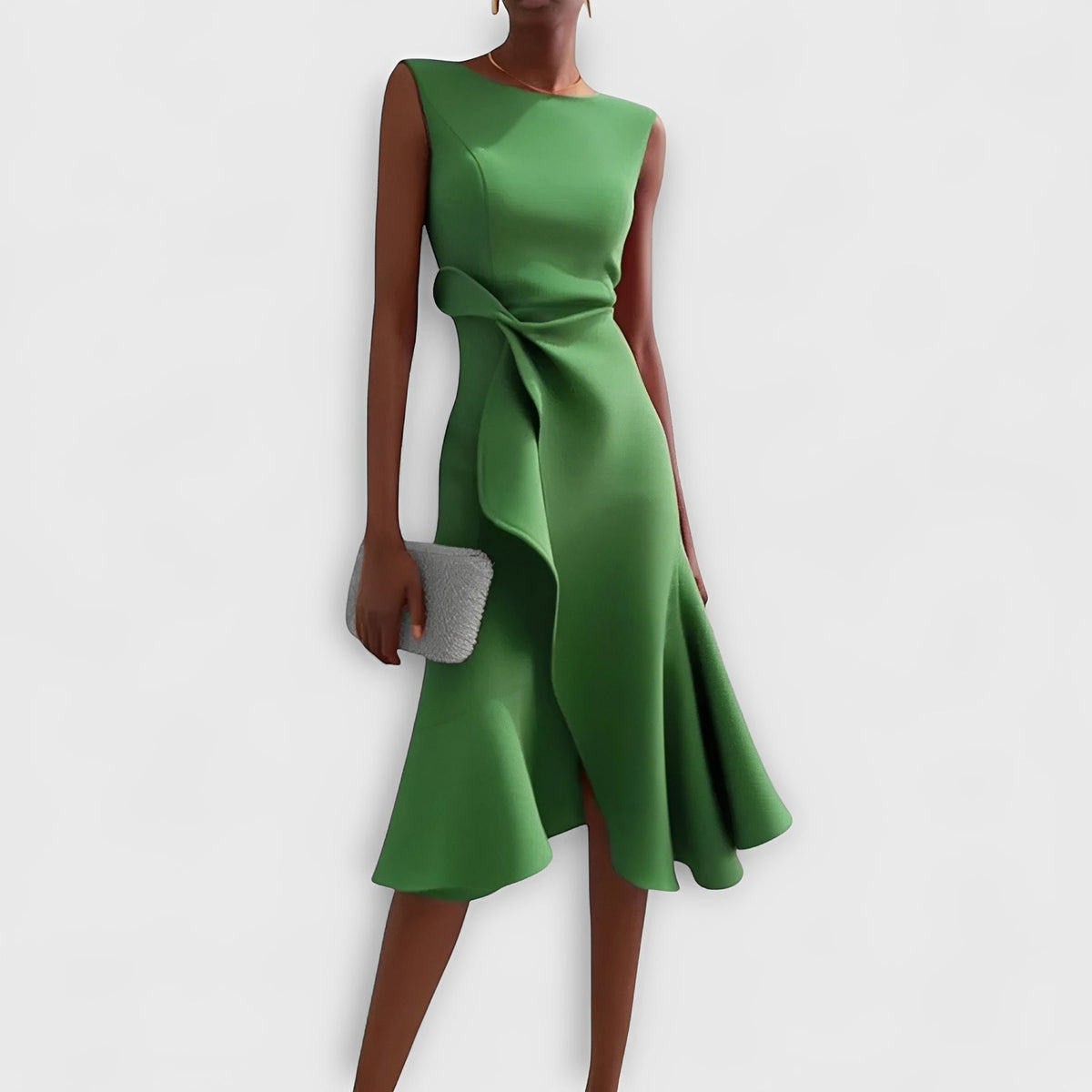 Draped Midi Dress with Asymmetric Design and Layered Hem
