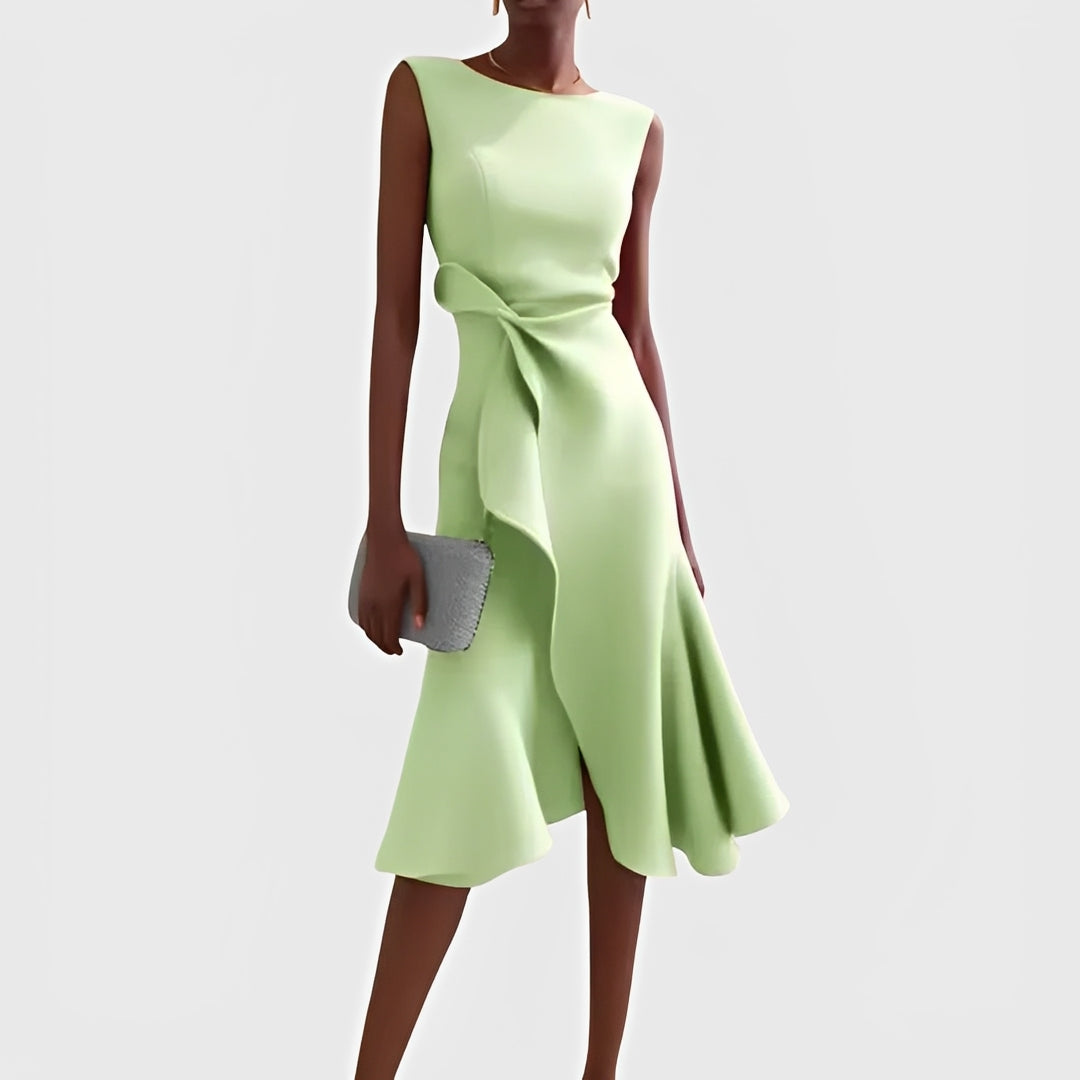 Draped Midi Dress with Asymmetric Design and Layered Hem