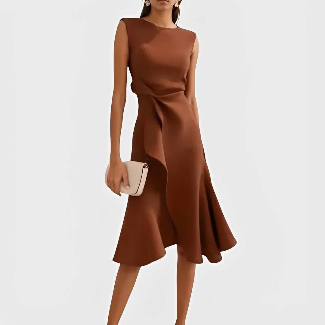 Draped Midi Dress with Asymmetric Design and Layered Hem