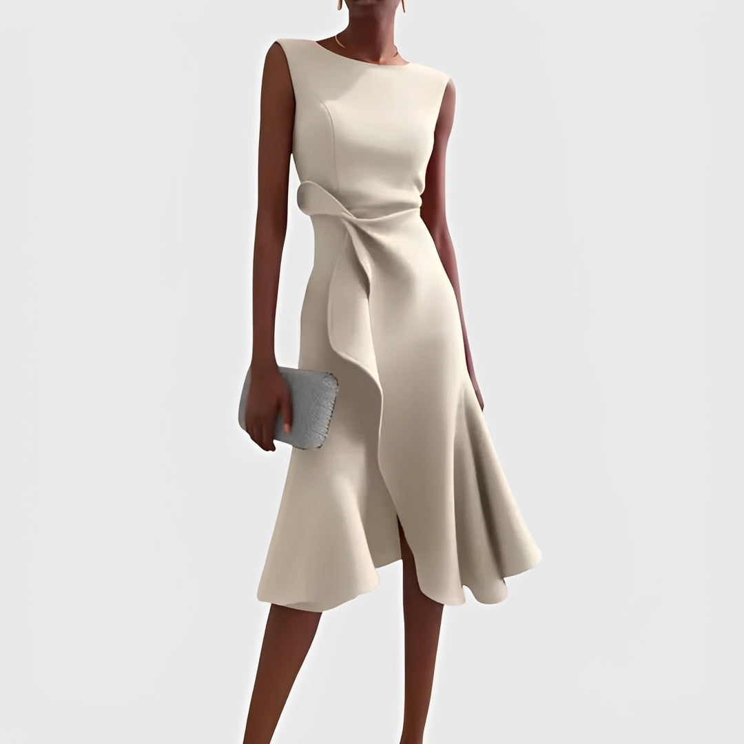 Draped Midi Dress with Asymmetric Design and Layered Hem