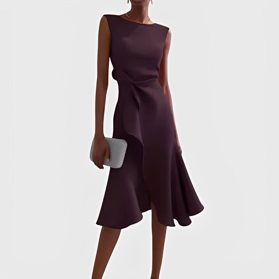 Draped Midi Dress with Asymmetric Design and Layered Hem