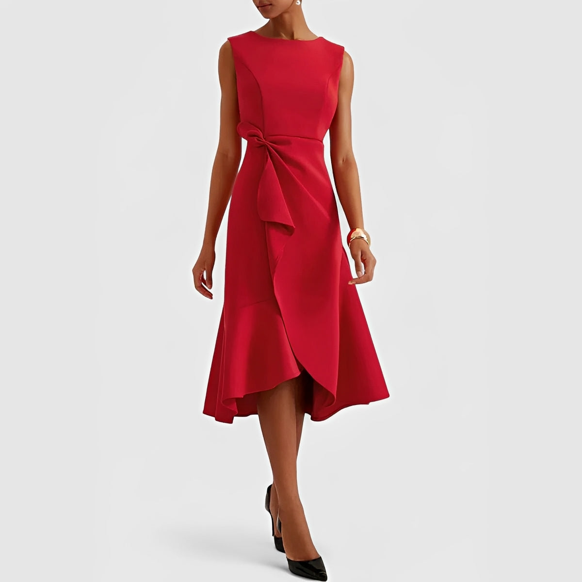 Draped Midi Dress with Asymmetric Design and Layered Hem