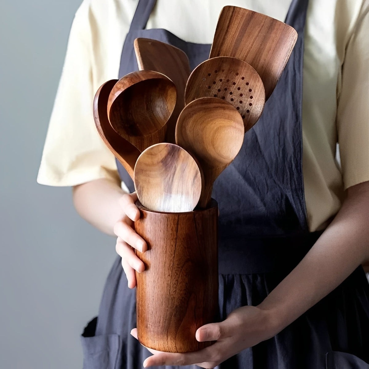Ergonomic Handle Kitchen Utensil Set Made of Teak Wood