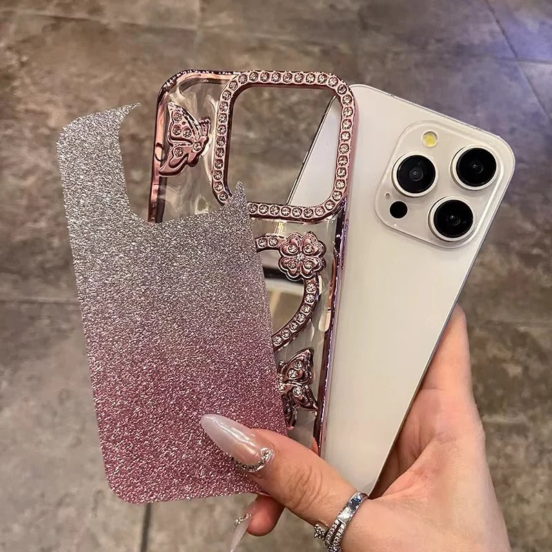 Reflective Phone Case with Sparkling Butterfly and Diamond Design for iPhone