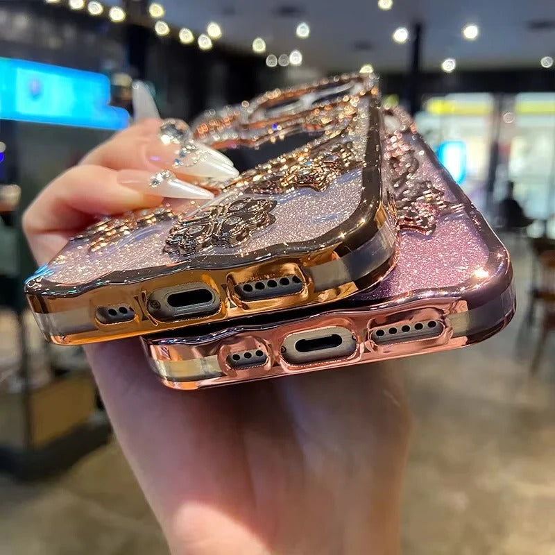 Reflective Phone Case with Sparkling Butterfly and Diamond Design for iPhone