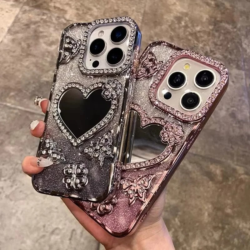 Reflective Phone Case with Sparkling Butterfly and Diamond Design for iPhone