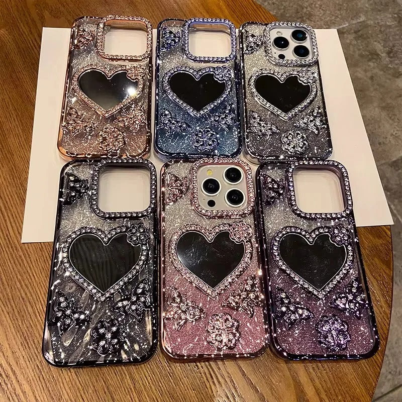 Reflective Phone Case with Sparkling Butterfly and Diamond Design for iPhone