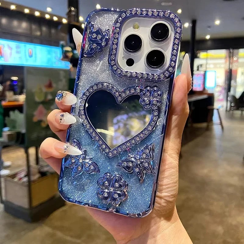 Reflective Phone Case with Sparkling Butterfly and Diamond Design for iPhone