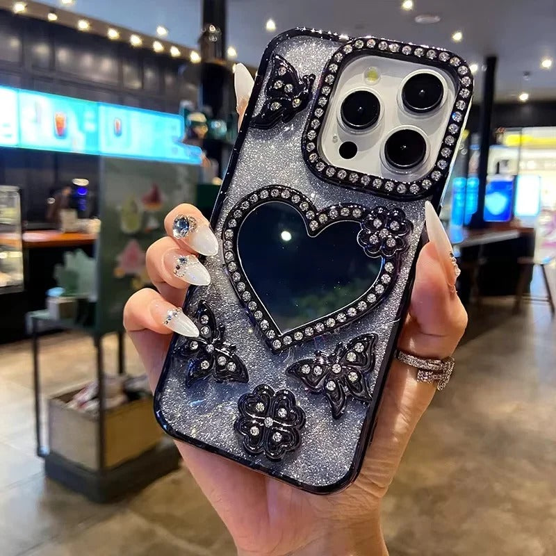 Reflective Phone Case with Sparkling Butterfly and Diamond Design for iPhone