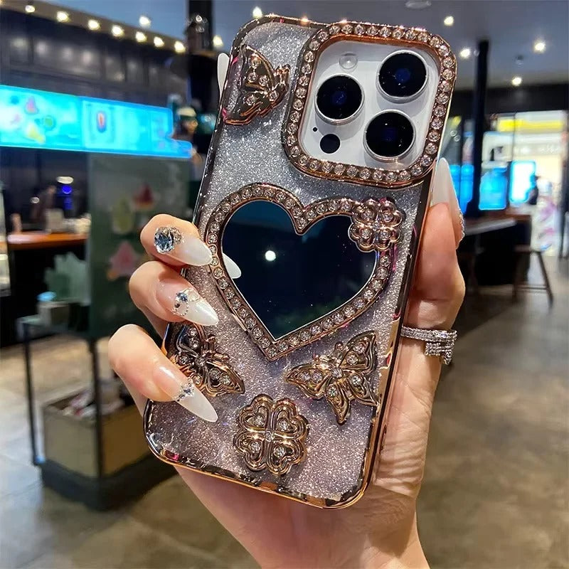 Reflective Phone Case with Sparkling Butterfly and Diamond Design for iPhone