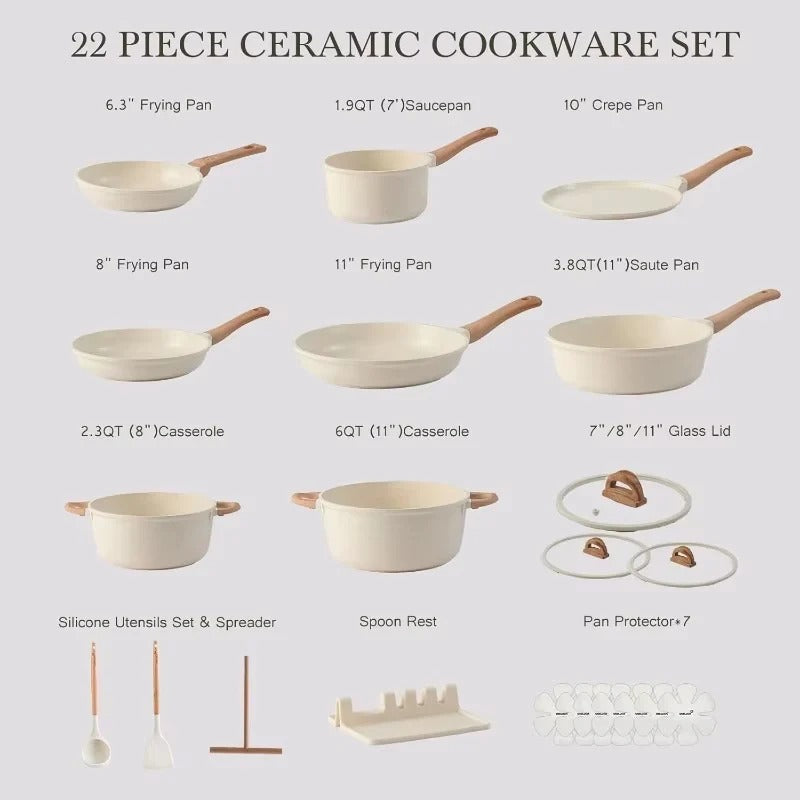 22-Piece Cookware Set with Ceramic Coating and Lids in Granite Finish