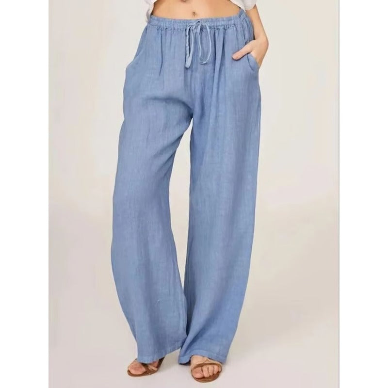Women’s Wide Leg Trousers in Cotton-Linen Blend with Elastic Waist and Pockets
