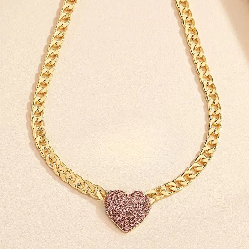 Women's Choker Necklace with Rhinestone Accents and Heart Pendant