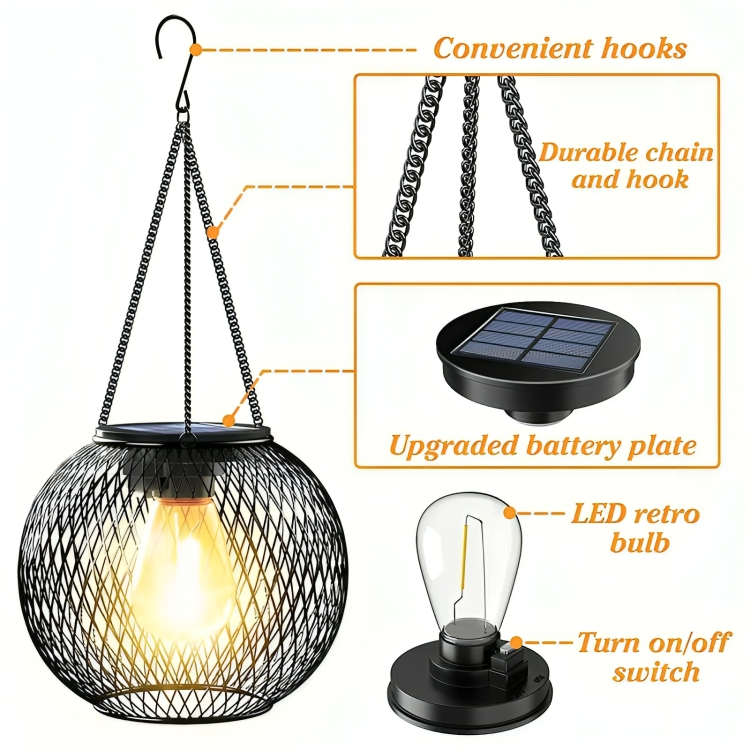 Retro Design Metal Grid Solar Lantern for Outdoor Gardens