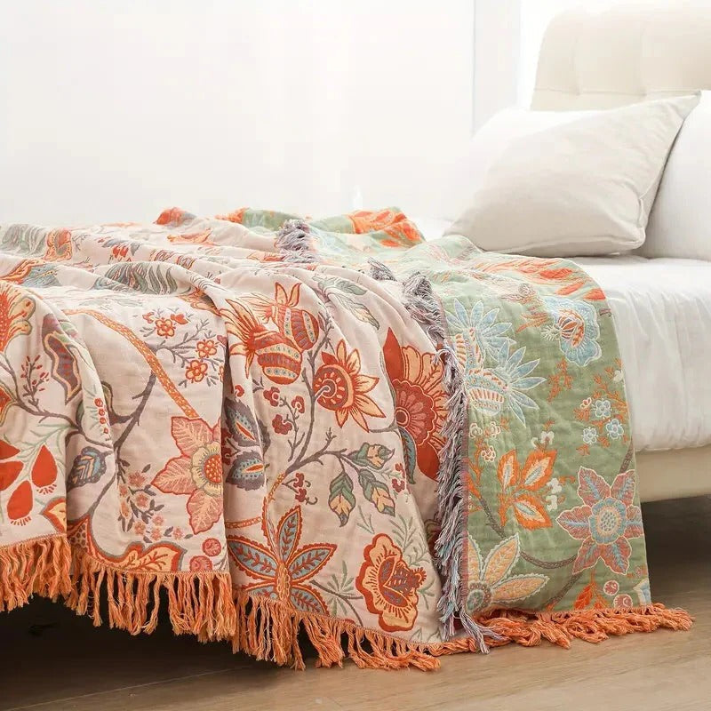 Floral Cotton Throw Blanket with Bohemian Fringe Accents