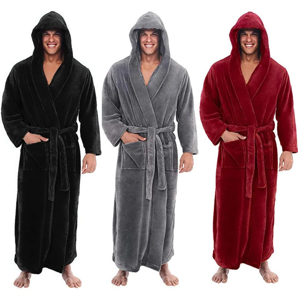 Plush Fleece Bathrobe for Men with Hood and Pockets