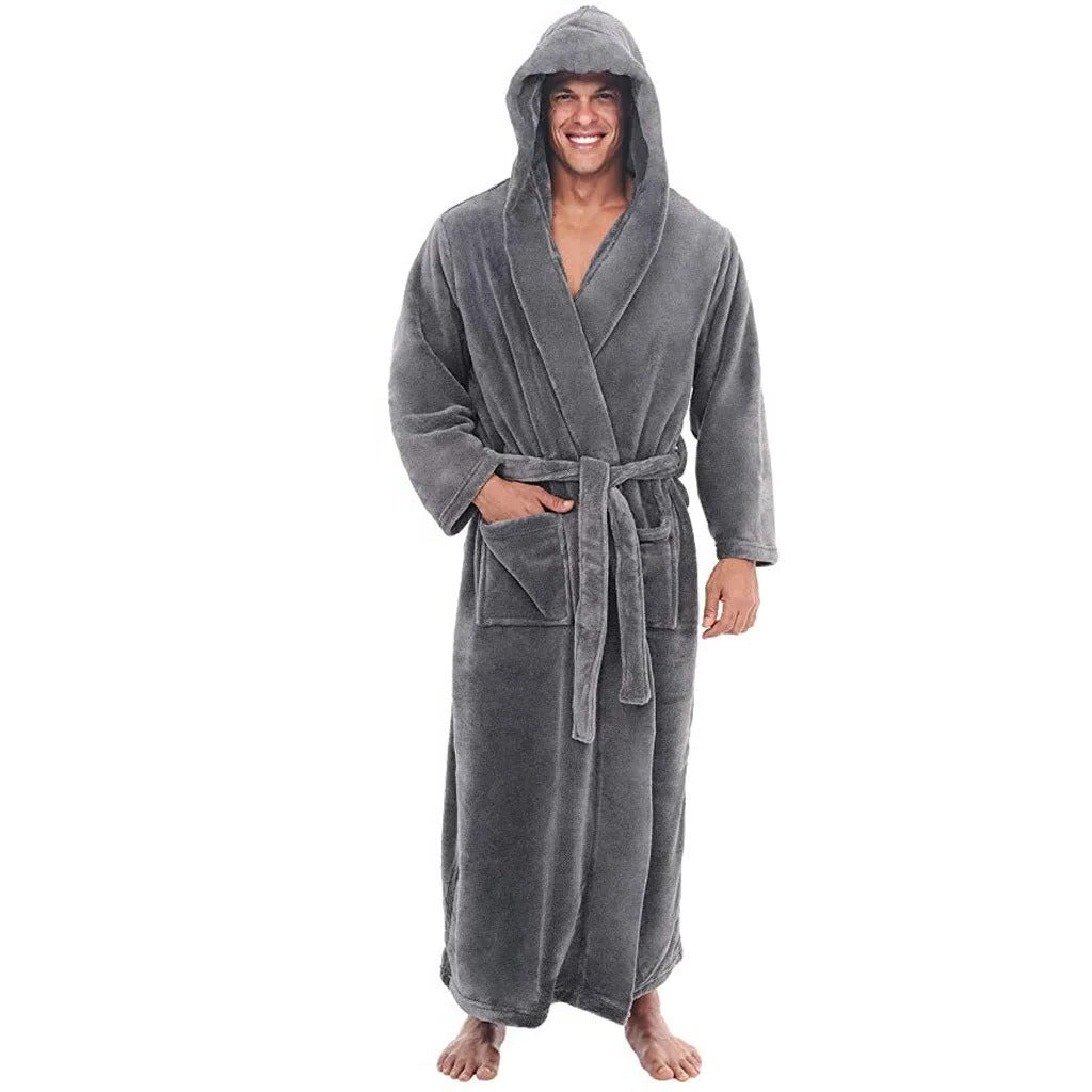 Plush Fleece Bathrobe for Men with Hood and Pockets