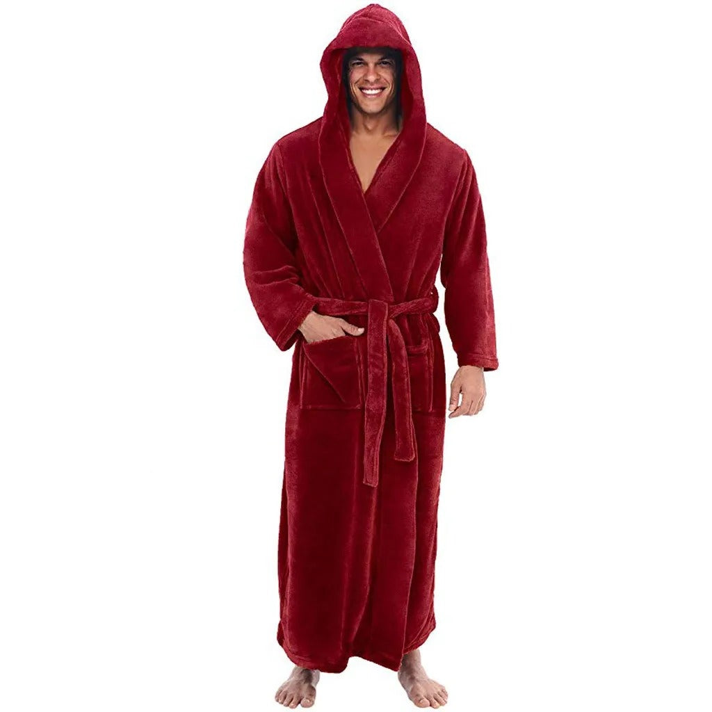 Plush Fleece Bathrobe for Men with Hood and Pockets