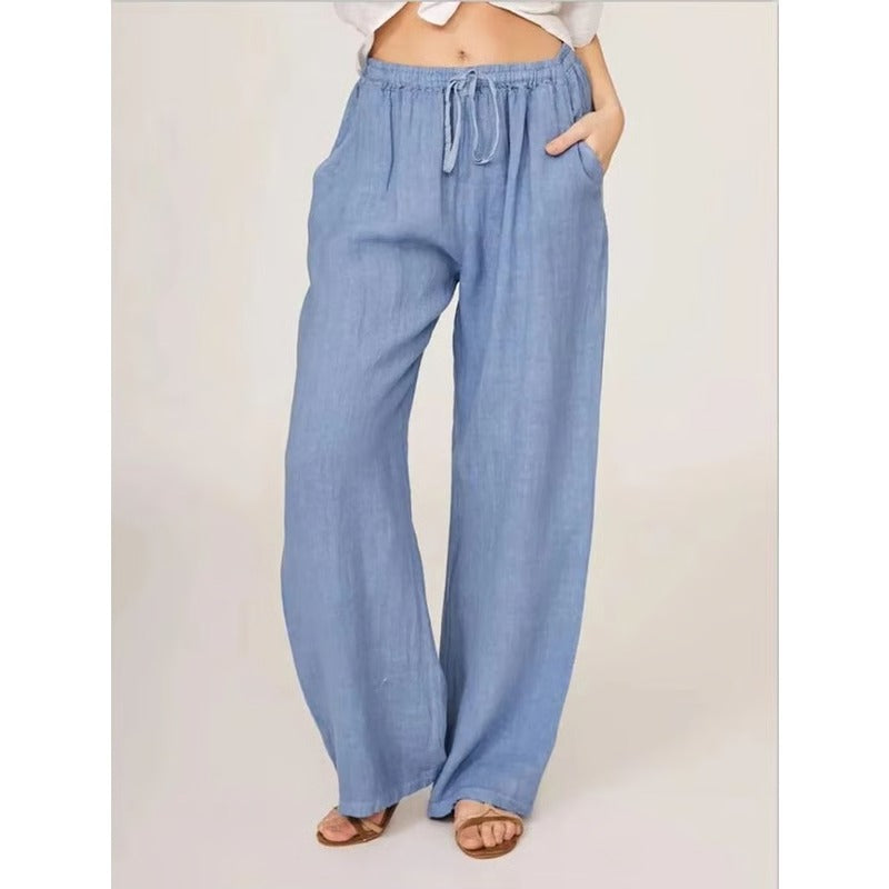 Women’s Wide Leg Trousers in Cotton-Linen Blend with Elastic Waist and Pockets