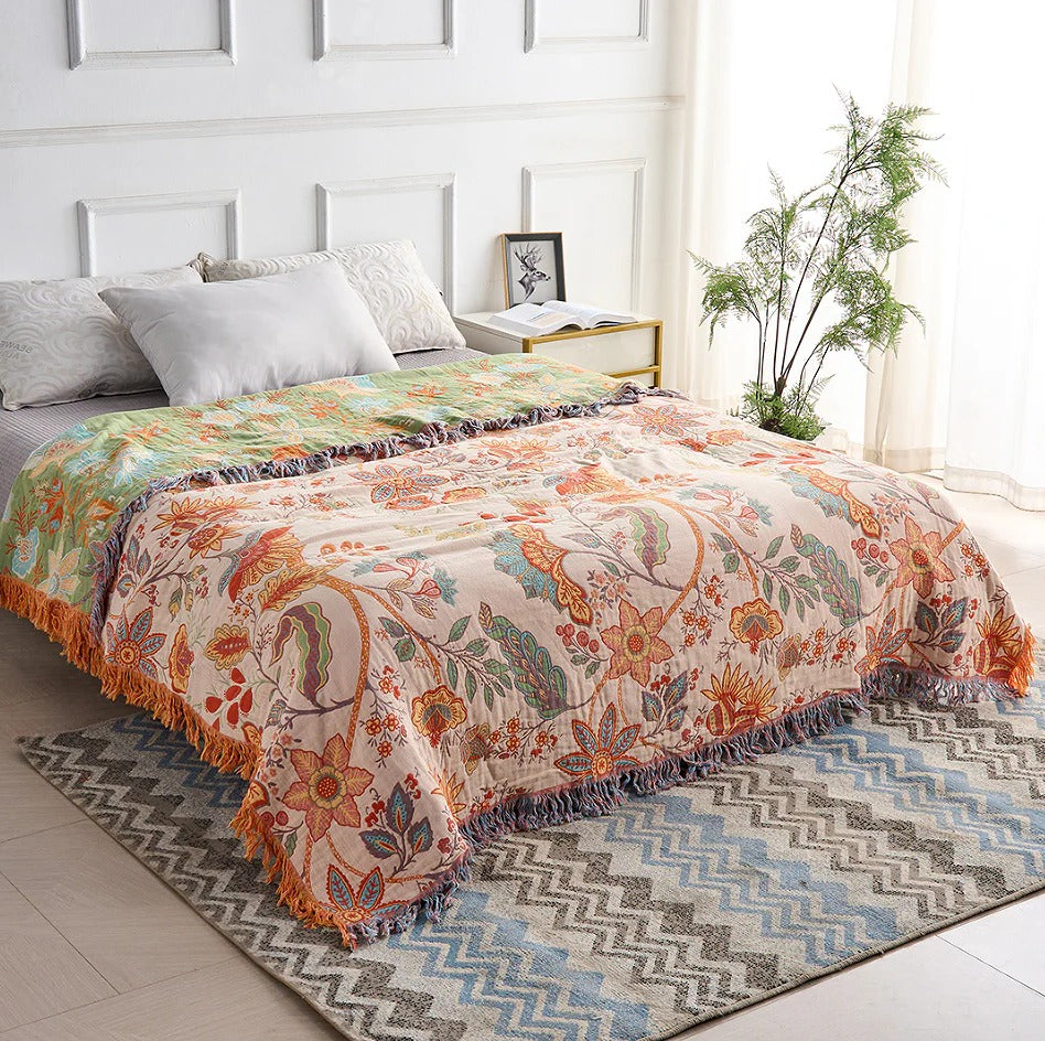 Floral Cotton Throw Blanket with Bohemian Fringe Accents