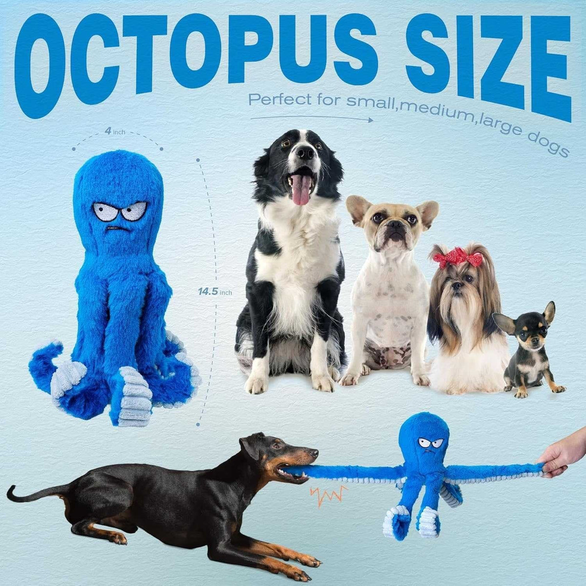 Chewable Dog Toy in Octopus Shape with Squeaker and Crinkle Fabric