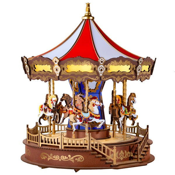 Light-Up 3D Wooden Music Box Carousel with Interactive Puzzle Design
