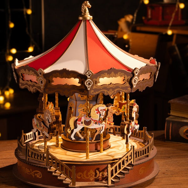 Light-Up 3D Wooden Music Box Carousel with Interactive Puzzle Design