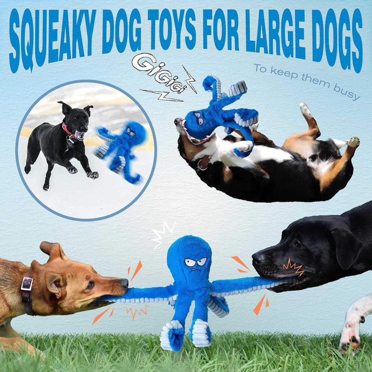 Chewable Dog Toy in Octopus Shape with Squeaker and Crinkle Fabric