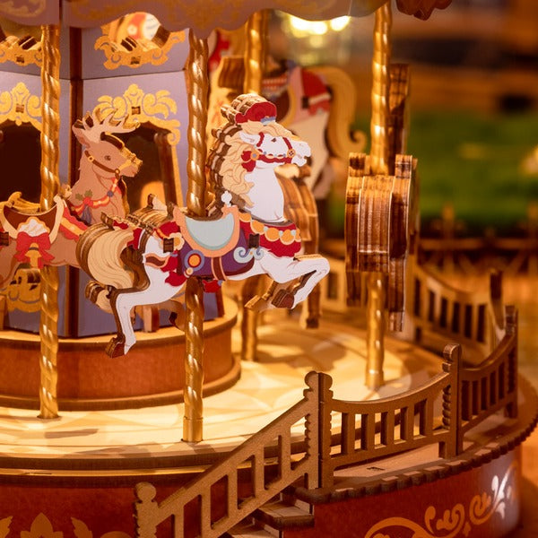 Light-Up 3D Wooden Music Box Carousel with Interactive Puzzle Design