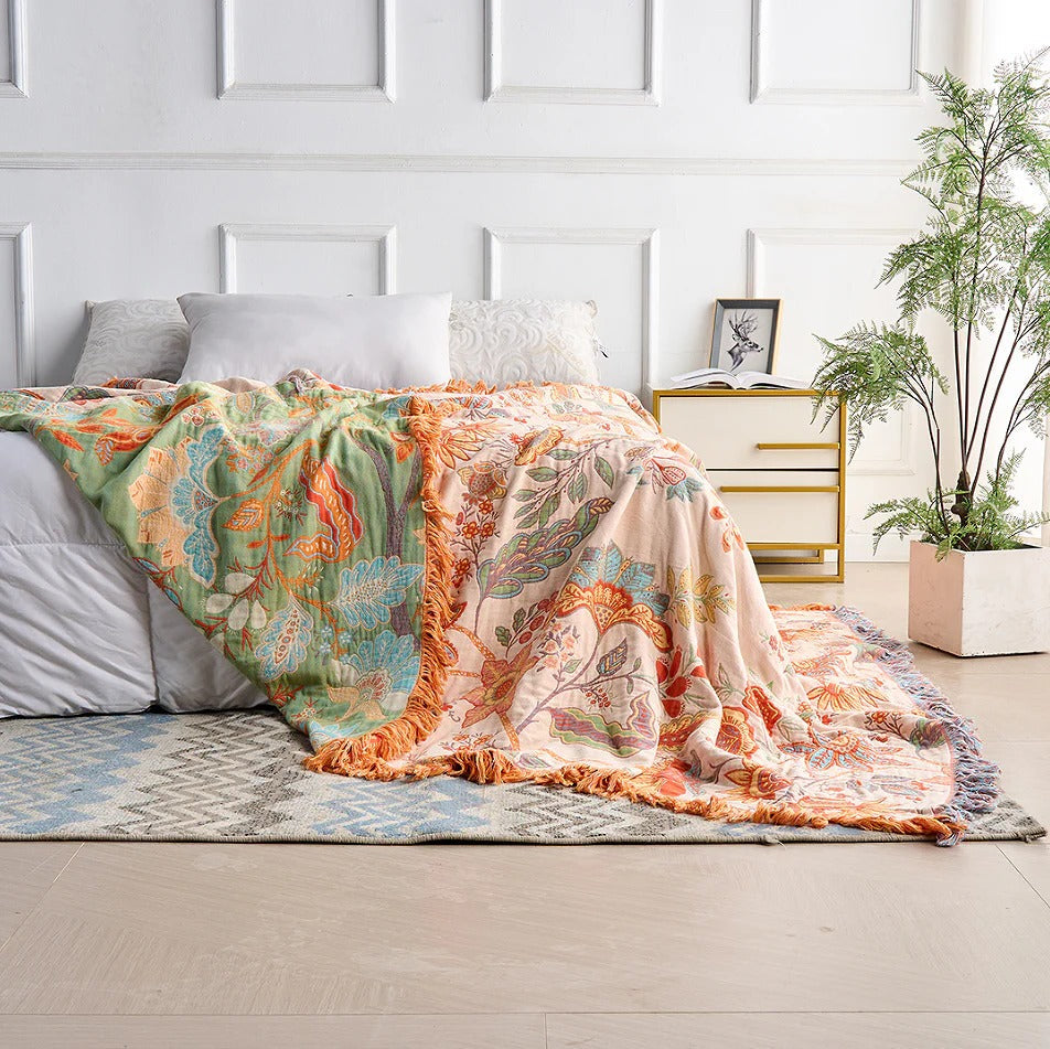 Floral Cotton Throw Blanket with Bohemian Fringe Accents