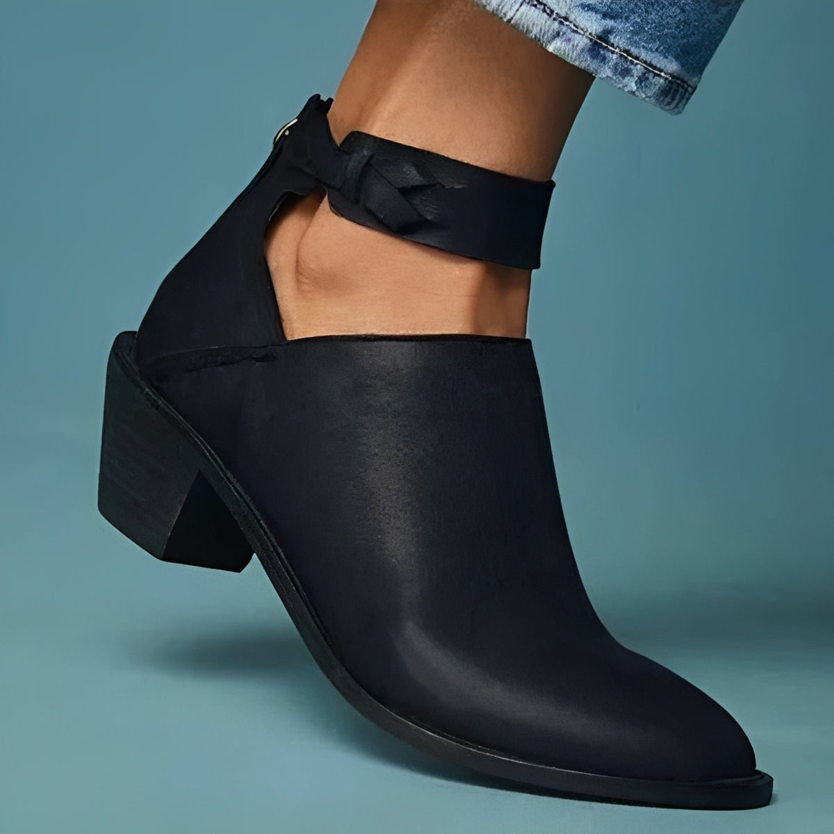 Womens Ankle Boots with Side Zip and Braided Strap, Block Heel