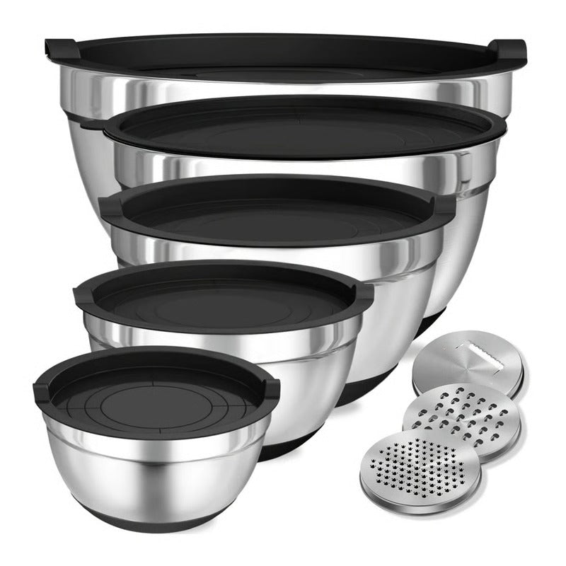 Set of 8 Mixing Bowls in Stainless Steel with Airtight Lids and Non-Slip Base