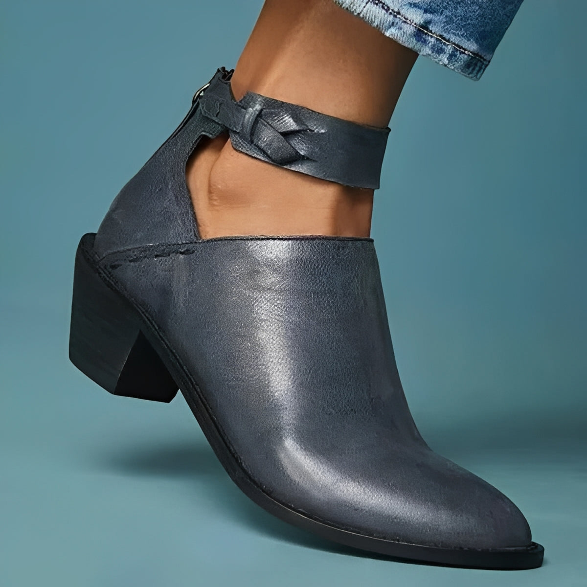 Womens Ankle Boots with Side Zip and Braided Strap, Block Heel