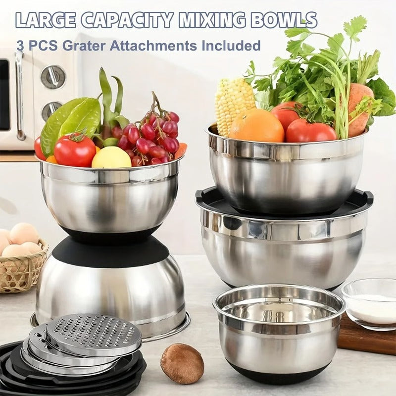 Set of 8 Mixing Bowls in Stainless Steel with Airtight Lids and Non-Slip Base