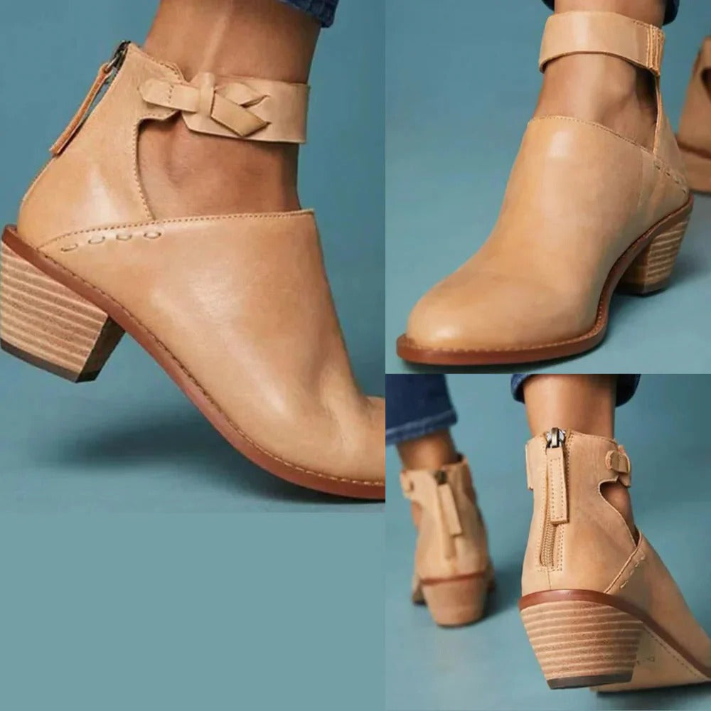 Womens Ankle Boots with Side Zip and Braided Strap, Block Heel