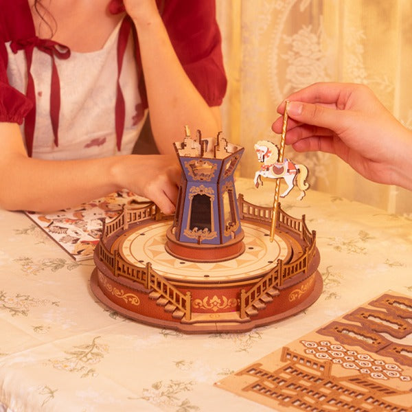 Light-Up 3D Wooden Music Box Carousel with Interactive Puzzle Design