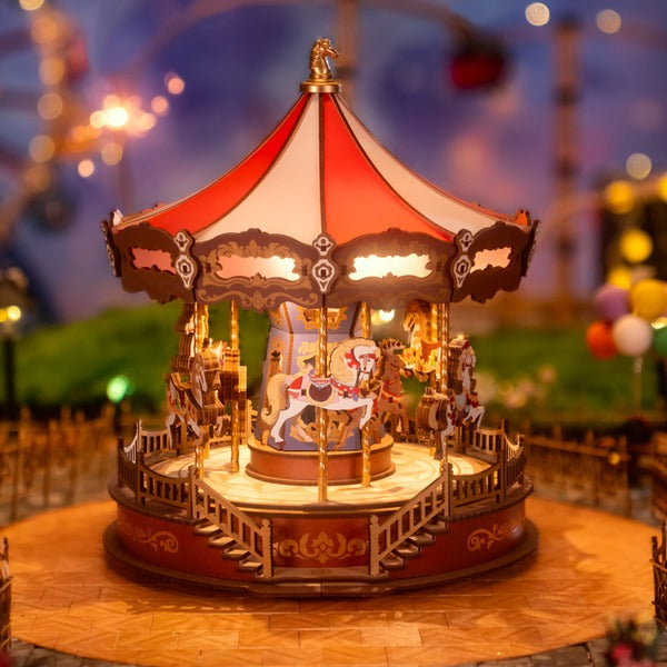 Light-Up 3D Wooden Music Box Carousel with Interactive Puzzle Design