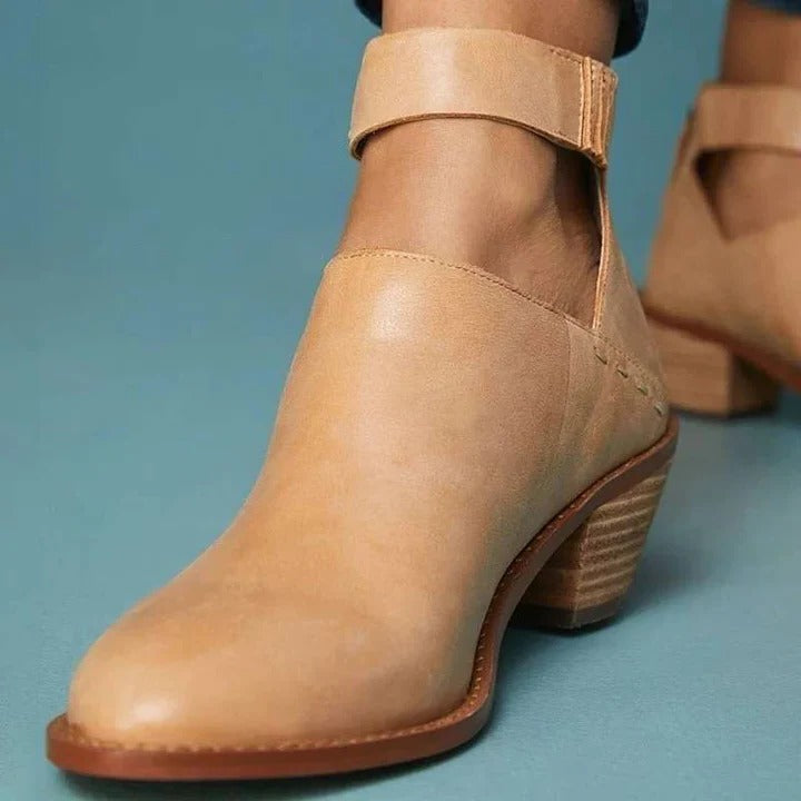 Womens Ankle Boots with Side Zip and Braided Strap, Block Heel