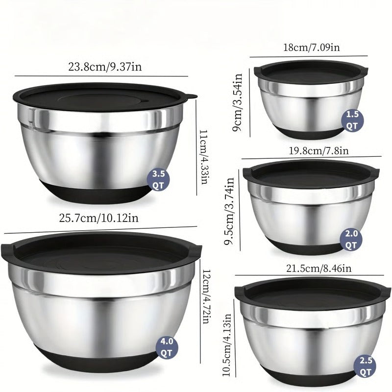 Set of 8 Mixing Bowls in Stainless Steel with Airtight Lids and Non-Slip Base