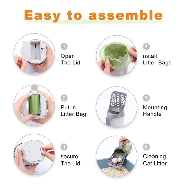 Litter Scoop for Cats with Integrated Waste Bin and Bag Holder