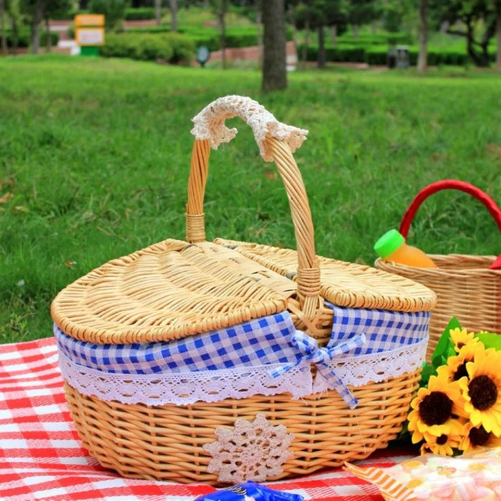 Picnic Basket with Handles and Washable Liner Made of Willow