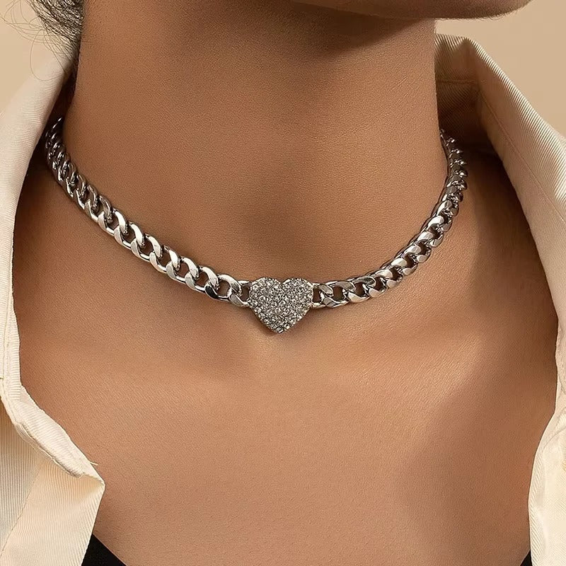 Women's Choker Necklace with Rhinestone Accents and Heart Pendant