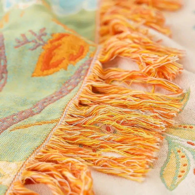 Floral Cotton Throw Blanket with Bohemian Fringe Accents