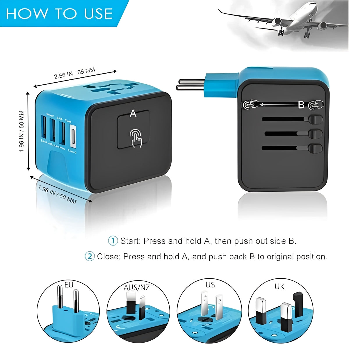 Travel Power Adapter for Universal Use with USB Charging Ports