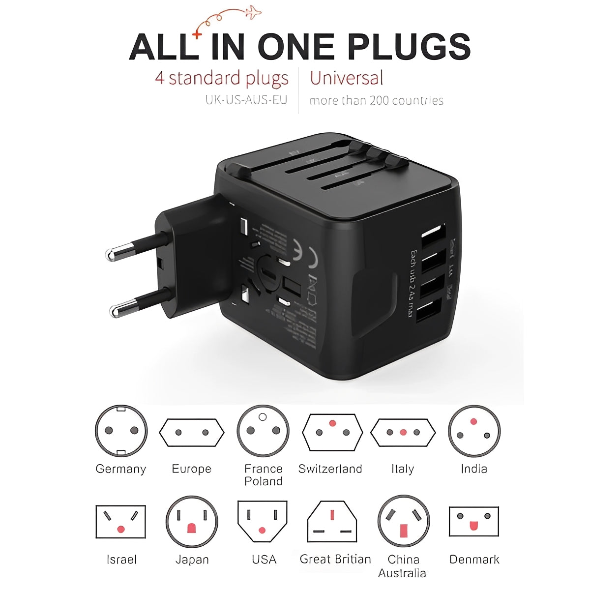 Travel Power Adapter for Universal Use with USB Charging Ports