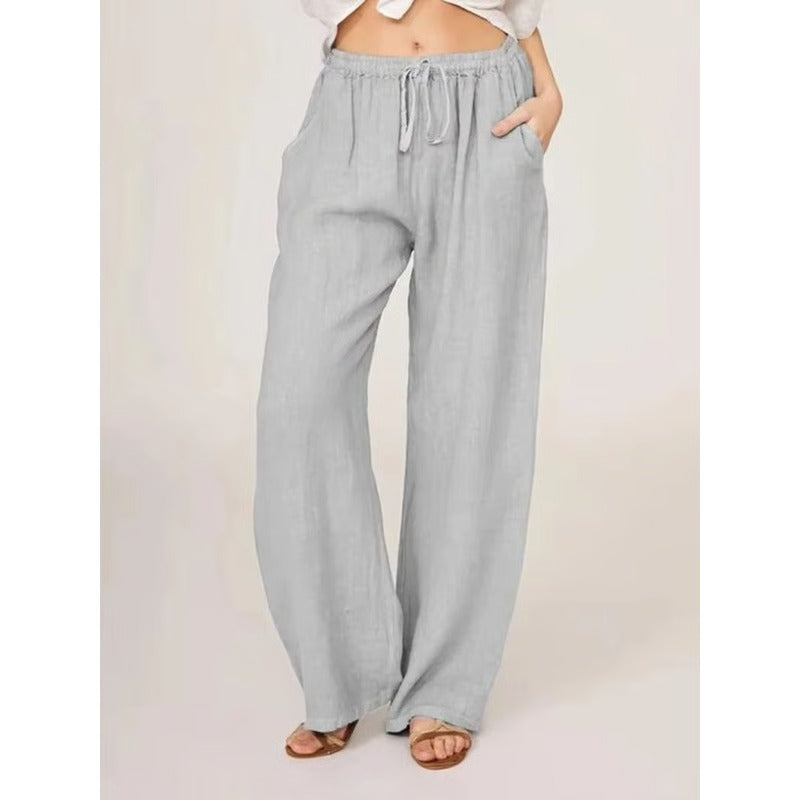 Women’s Wide Leg Trousers in Cotton-Linen Blend with Elastic Waist and Pockets