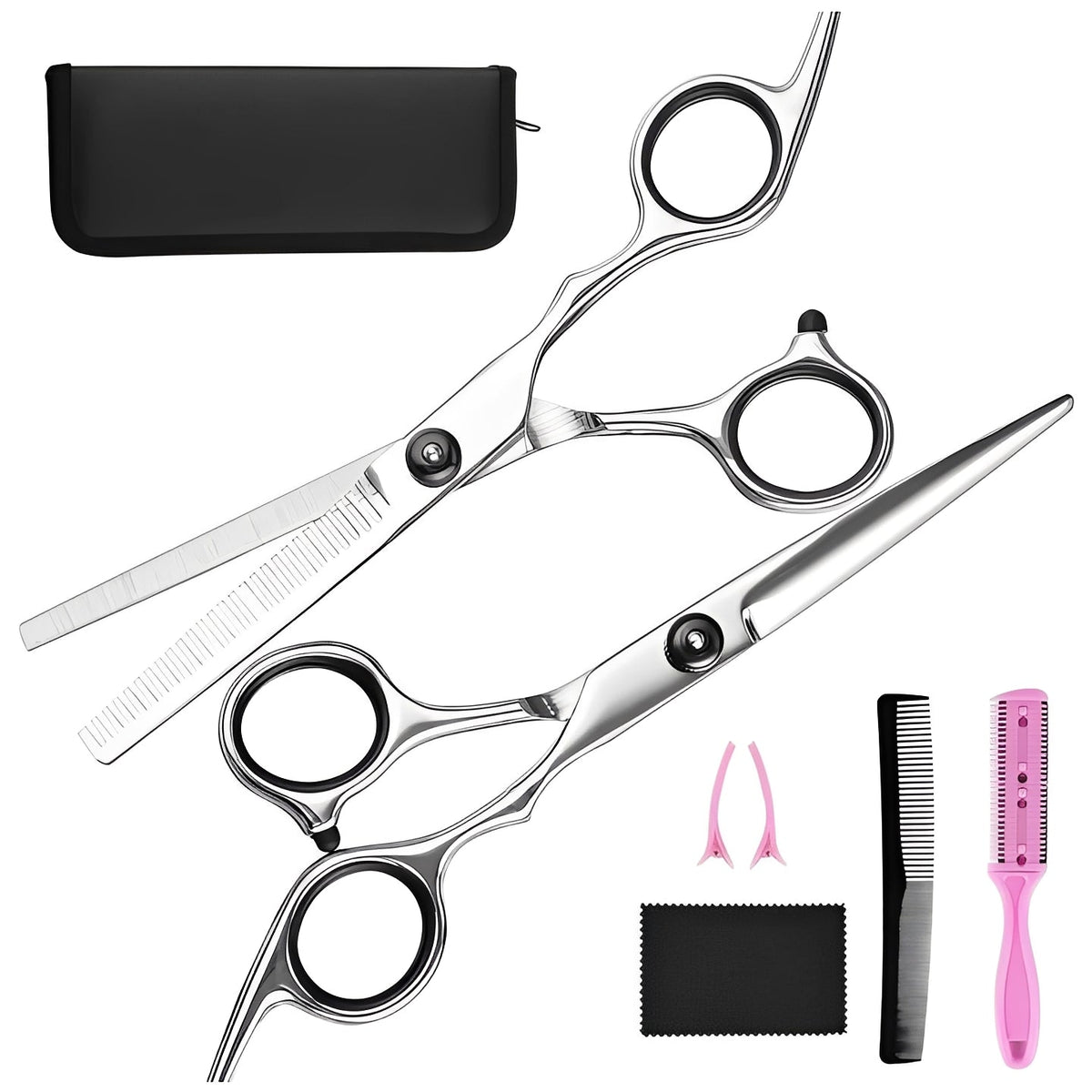 Set of Hair Shears and Thinning Scissors with Combs and Clips
