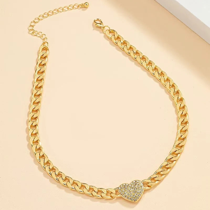 Women's Choker Necklace with Rhinestone Accents and Heart Pendant