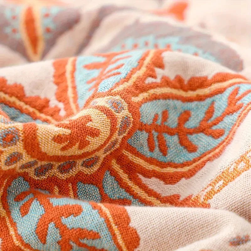 Floral Cotton Throw Blanket with Bohemian Fringe Accents