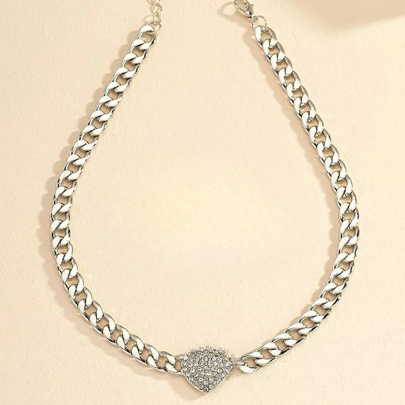 Women's Choker Necklace with Rhinestone Accents and Heart Pendant
